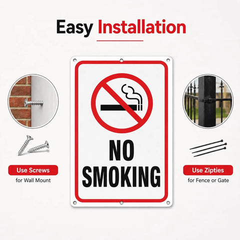 Heavy Duty No Smoking Signs For Business And Restaurants, 10 X 7 Inch Aluminum Metal No Vaping Wall Plaque With Rounded Edges, Rust Free Easy Hang Indoor Outdoor 4 Pack with installation details.