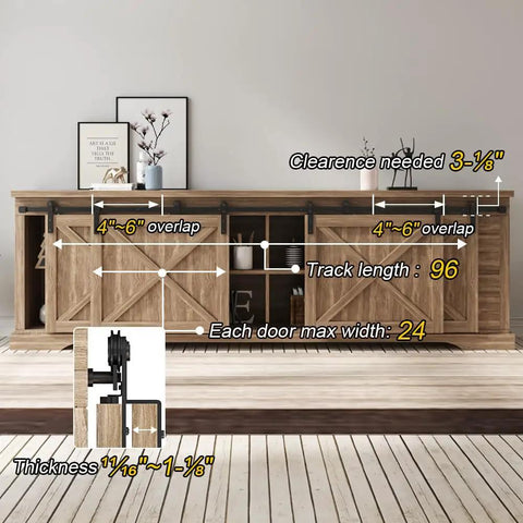 Top Shelf 8 FT Mini Cabinet Bypass Sliding Barn Door Hardware Kit With Slick Steel Tracks Noise Free Carriages And No Fuss Wall Mount Setup For A Sharp Room Upgrade with dimensions shown.