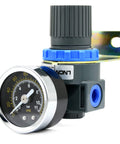Close-up of Mini Air Regulator With Gauge 1/4 Inch NPT Thread For Air Compressor And Air Tools, Precise 0-145 PSI Pressure Control