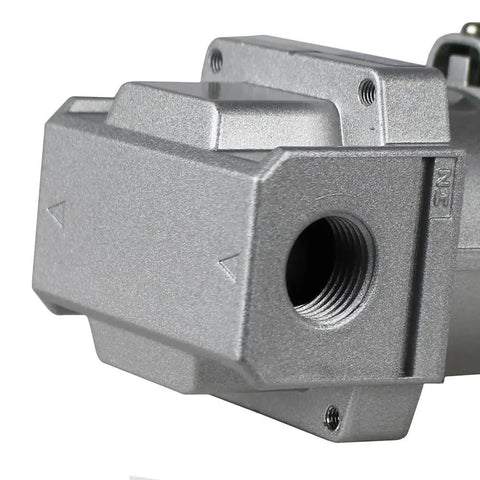 Close-up of Heavy Duty 1/2 Inch Compressed Air Line Moisture And Water Filter Trap with threaded metal connection.