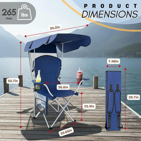Portable Folding Camping Chair With Detachable Canopy Shade For Outdoors Beach And Lawn, navy, on dock with dimensions shown