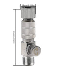 Airbrush Quick Release Disconnect Coupler Kit With Adjustable Valve Easy Connect No Screw Hassle Includes Four Extra Female Fittings And Five O Ring Set One Eighth Inch Male To One Eighth Inch Female Hose Connections showing silver metal valve with dimensions.