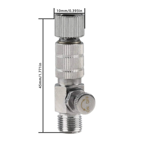 Airbrush Quick Release Disconnect Coupler Kit With Adjustable Valve Easy Connect No Screw Hassle Includes Four Extra Female Fittings And Five O Ring Set One Eighth Inch Male To One Eighth Inch Female Hose Connections showing silver metal valve with dimensions.