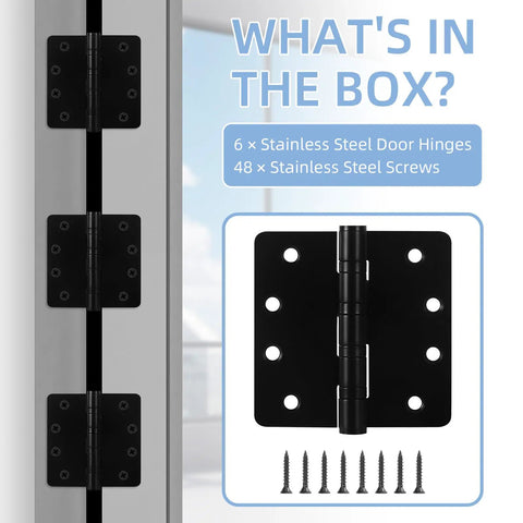 6 Pack Heavy Duty 4 Inch Ball Bearing Door Hinges Stainless Steel Matte Black Built To Last For Left And Right Hand Doors With One Quarter Radius Corners Includes 48 Screws on door with screws