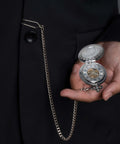 Mechanical Pocket Watch With Magnifier Case And Half Hunter Engraved Silver Chain Skeleton Dial Roman Numerals Classic Vintage Style