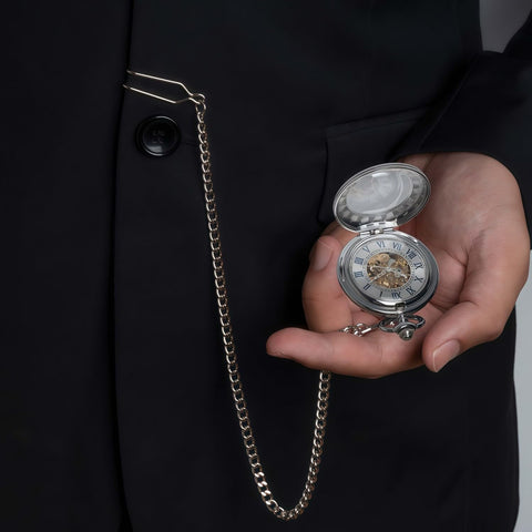 Mechanical Pocket Watch With Magnifier Case And Half Hunter Engraved Silver Chain Skeleton Dial Roman Numerals Classic Vintage Style