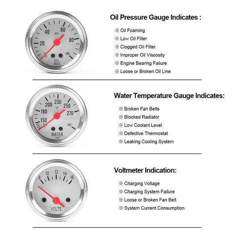 Three chrome 52mm automotive gauges set: oil pressure, water temp, voltmeter.