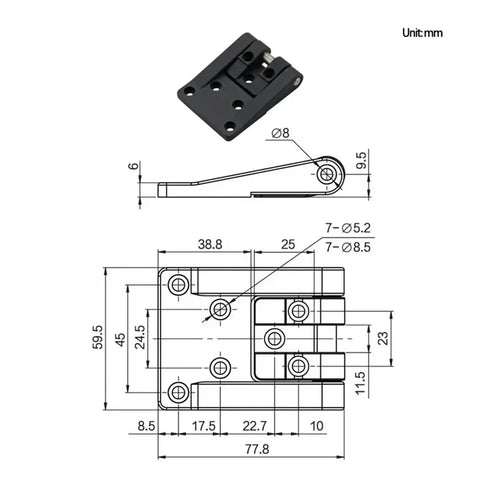 Rotating Hinge Distribution Box for Industrial Electrical Automation Cabinets - Black Zinc Alloy with technical diagram