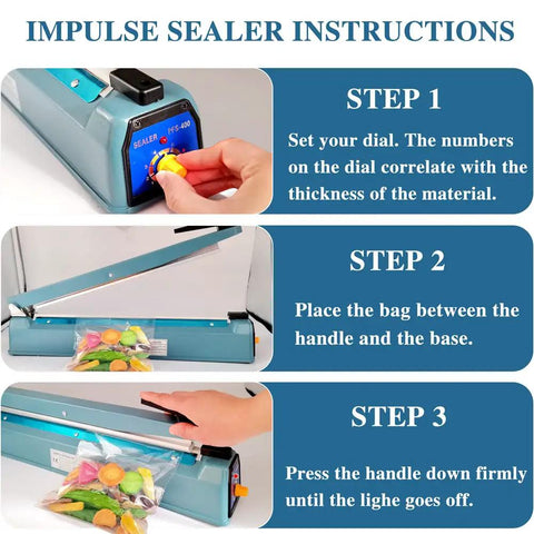 Instructions for Super No Sweat Heavy Duty Heat Seal Machine For Mylar Cookie And Poly Bags 12 Inch Wide Manual Sealer.