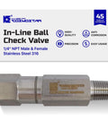 Cosmostar inline ball check valve, 1/4 in NPT, stainless steel 316, male/female ends, 6000 psi