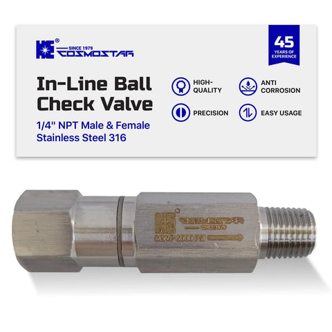 Cosmostar inline ball check valve, 1/4 in NPT, stainless steel 316, male/female ends, 6000 psi