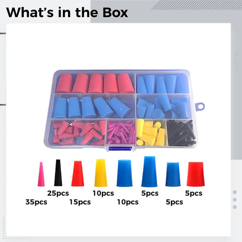 Assorted 110 Pcs Silicone Rubber Tapered Plugs Kit For Painting And Electroplating Protection With Heat Resistant Stoppers In Multiple Sizes Plus Handy Storage Case To Keep Your Diy Projects Totally Safe And Organized On The Fly. assorted silicone tapered plugs in storage case, 8 sizes