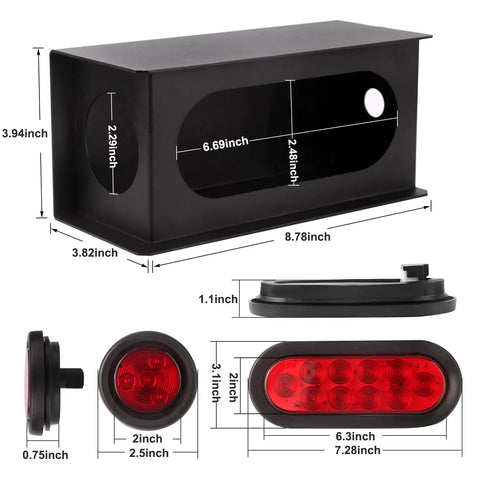 Heavy Duty Steel Trailer Light Box Kit With 6 Inch Oval Red LED Tail Lights And 2 Inch Round Red LED Side Markers size dimensions