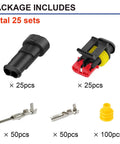 Package contents of Waterproof 2 Pin Automotive Electrical Connectors Kit With Quick Disconnect Plugs, 25 sets components displayed