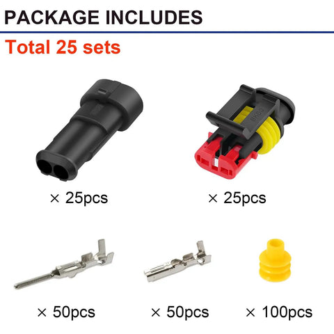 Package contents of Waterproof 2 Pin Automotive Electrical Connectors Kit With Quick Disconnect Plugs, 25 sets components displayed