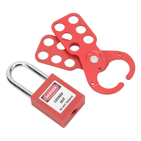 Six Hole Hasp Lockout Tagout Kit Nonconductive Thermoplastic Body With 1 Inch Shackle Safety Padlocks shown with red hasp and lock