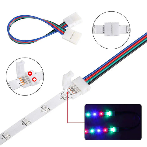 8mm Wide LED Strip Connector Kit 4 Pin RGB Rope Lights Gapless Solderless Clip With 32.8ft Extension Wire And L Shape PCB