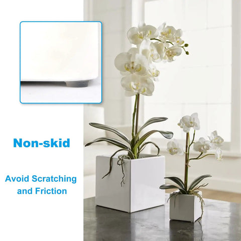 164Pcs Clear Self Adhesive Bumpers Set used under a flower pot to prevent scratches, highlighting non-skid feature.