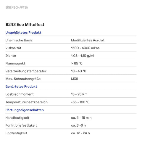 Specifications sheet showing viscosity, density, and temperature range for B243 Eco Medium Strength adhesive.