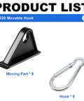 Eight Pack Heavy Duty Black Sliding Hooks For 2020 Extrusion T Slot Frames, includes a black movable hook and silver carabiner.