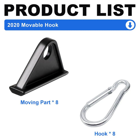 Eight Pack Heavy Duty Black Sliding Hooks For 2020 Extrusion T Slot Frames, includes a black movable hook and silver carabiner.