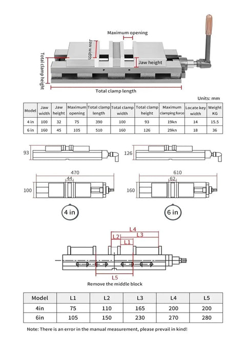 Heavy Duty Six Inch Angle Vise Built Tough For Mill And Drill Presses offering dimensions and clamping specifications.