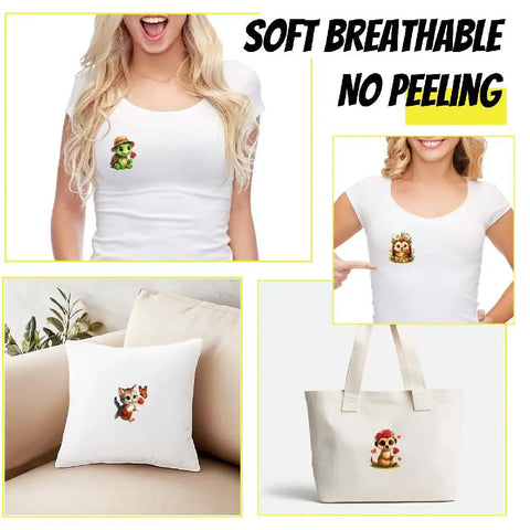 Cartoon Animal Iron On Transfers Set 12 Pack Rose Themed Heat Transfer Stickers on T-shirts, pillow, bag. Washable DTF.
