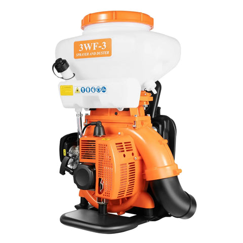 Gas Powered Backpack Sprayer Fogger And Blower With Large Fourteen Liter Tank, 3WF-3 model, orange and white unit
