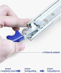 Close-up of Heavy Duty Drawer Slides One Pair Telescopic Ball Bearing Tracks with blue locking mechanism for kitchen cabinets.