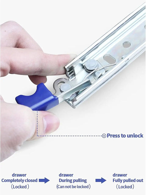 Close-up of Heavy Duty Drawer Slides One Pair Telescopic Ball Bearing Tracks with blue locking mechanism for kitchen cabinets.