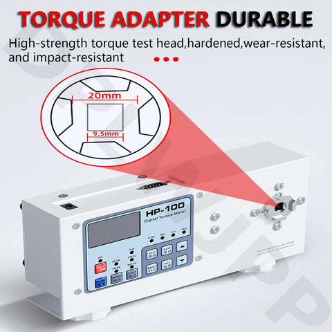 Smart Digital Torque Meter Tool For Precision Torque Testing Portable Torsion Cap Gauge Wrench Calibrator And Torque Tester With Peak And Follow Modes Unit Conversion Works On Various Shapes High Accuracy About 0.5 Percent Full Scale Performance. white HP-100 digital torque meter with 20mm and 9.5mm square adapter