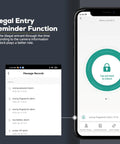 Illustration of app interface for 5 In 1 Fingerprint Smart Lock With Biometric Access, showing illegal entry reminder function.