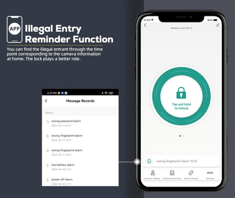 Illustration of app interface for 5 In 1 Fingerprint Smart Lock With Biometric Access, showing illegal entry reminder function.