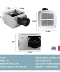 Dimensions and features of Very Quiet 80 Cfm Bathroom Exhaust Fan With Led Light 4000K 1.5 Sone No Attic Access Installation
