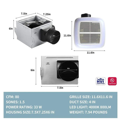 Dimensions and features of Very Quiet 80 Cfm Bathroom Exhaust Fan With Led Light 4000K 1.5 Sone No Attic Access Installation