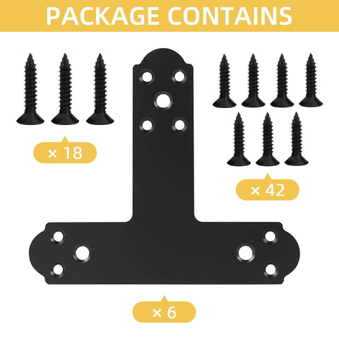 Black T Bracket Set For Wood And Steel, Post To Beam Connectors, 6 Pcs Flat T Plate Brackets With Screws, Package Contents