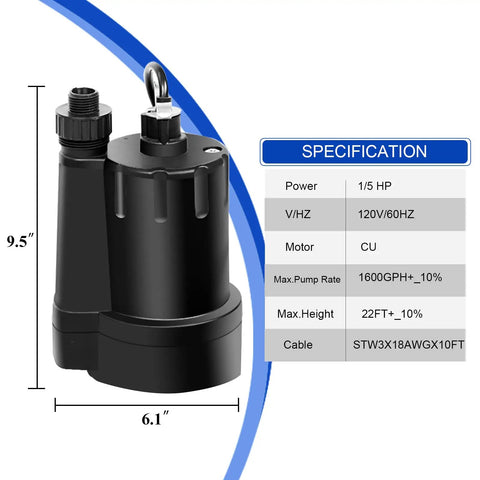 Specifications sheet for a black submersible water pump, showing dimensions and details; not the One Third HP Submersible Water Transfer Pump With 2400 GPH Performance Thermoplastic Utility Pump A Real Workhorse That Lifts Water Up To 28 Feet One And Quarter Inch NPT Discharge Includes Three Quarter Inch Garden Hose Adapter Ten Foot Cord Black.