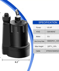 No Hassle Submersible Utility Pump Moves Water Like A Champ With Strong 1/5 Hp Motor Transfers Pond Or Basement Liquid Fast Up To 1600 Gph Includes 10 Ft Cord And Garden Hose Adapter Thermoplastic Shell Black, showing specifications.