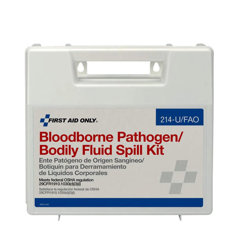 First Aid Only Bloodborne Pathogen/Bodily Fluid Spill Kit in white plastic case with blue label