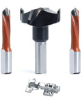 Score This Pro Grade Three Piece Hinge Boring Tool Kit With 35Mm Cut Diameter Bit And Two 8Mm Brad Point Drill Bits featuring carbide bits and hinge.