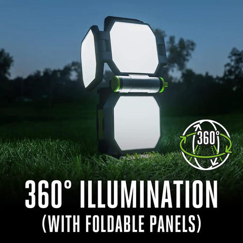 Rechargeable Portable Work Light Up To 10,000 Lumens With 360-Degree Folding Panels, 5 Brightness Levels, USB A Port, Diffused Panels