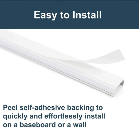 White Cord Cover for Mounted TV and Wall Cable Management, 12 Foot Cord Hider with pressure sensitive tape shown being installed.