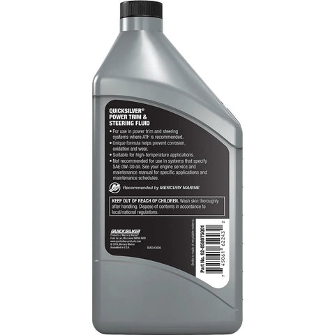 Bottle of Power Trim And Steering Fluid For Outboard And Sterndrive Boats 32 Oz Universal Hydraulic Fluid, black label visible.