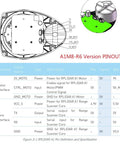 Diagram showing pinout configuration for 2D LIDAR Sensor A1M8-R6 with motor and core interfaces, featuring various power inputs.