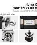 Heavy Duty Nema17 Planetary Gearbox Motor Reducer with 8mm shaft, displaying reduction ratios from 5:1 to 25:1.
