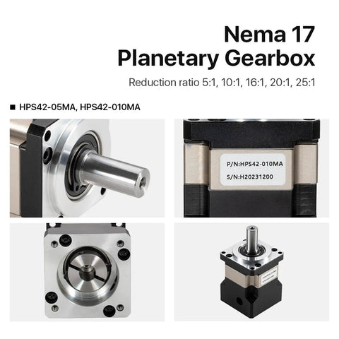 Heavy Duty Nema17 Planetary Gearbox Motor Reducer with 8mm shaft, displaying reduction ratios from 5:1 to 25:1.