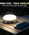 Beefy 3000LM Rechargeable Camping Light with Magnetic Hanging Hook on table, 4000mAh battery, Type-C fast charge visible in dark.