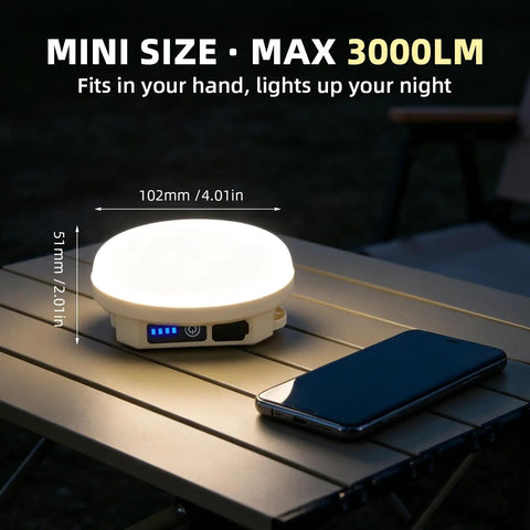 Beefy 3000LM Rechargeable Camping Light with Magnetic Hanging Hook on table, 4000mAh battery, Type-C fast charge visible in dark.