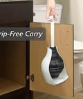 Heavy Duty Toilet Plunger Featuring Signature Beehive Shape and Drip Free Carry Handle hanging in cabinet for easy storage.