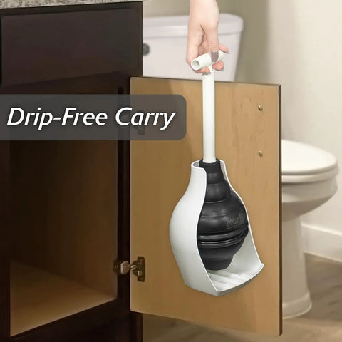 Heavy Duty Toilet Plunger Featuring Signature Beehive Shape and Drip Free Carry Handle hanging in cabinet for easy storage.
